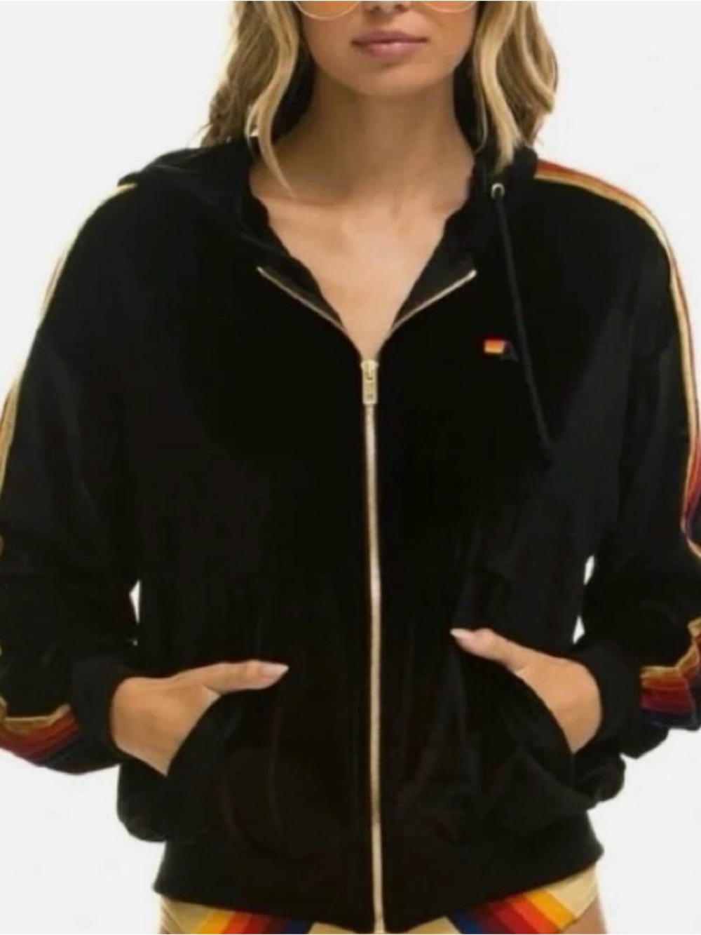 Aviator Nation Black Velour Hoodie with Gold Hardware and Rainbow Accent - Picture 5 of 5